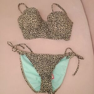 Leopard Print Two-Piece Bikini Set - Beige & Black- Xhiliration -Large NWT